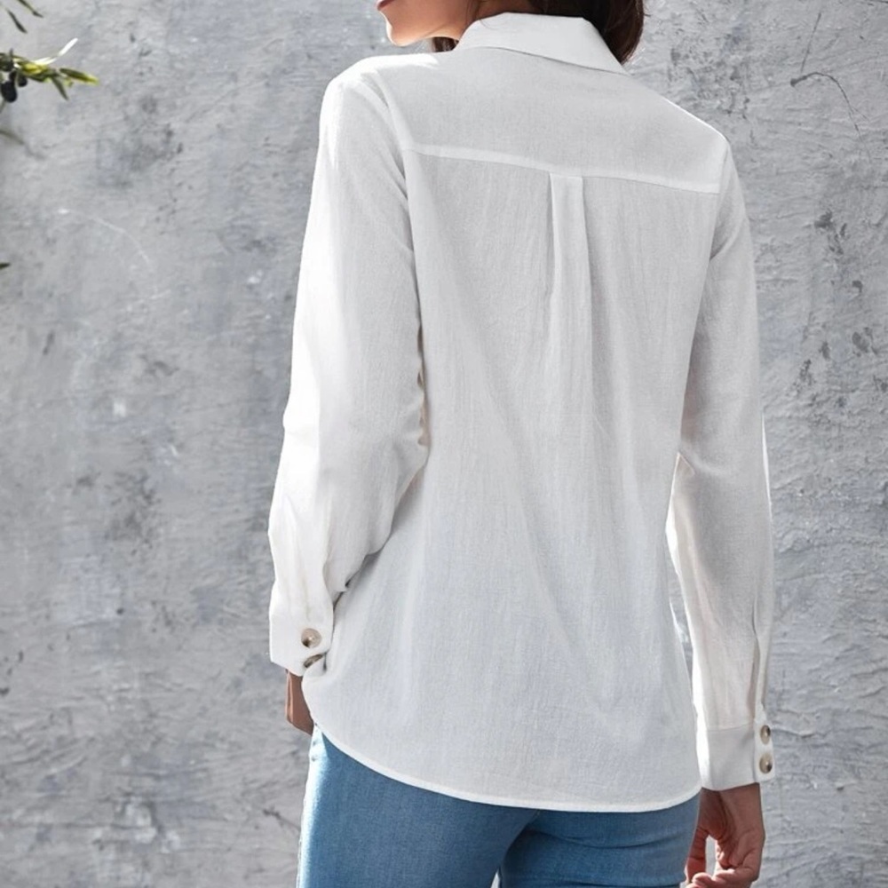 Button up collared long sleeve top boho white - Picture 2 of 5